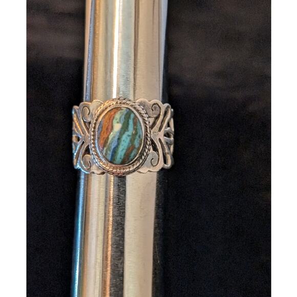 925 Sterling Filigree Rainbow Calsilica Stone Ring Size 6.25 - Picture 5 of 10